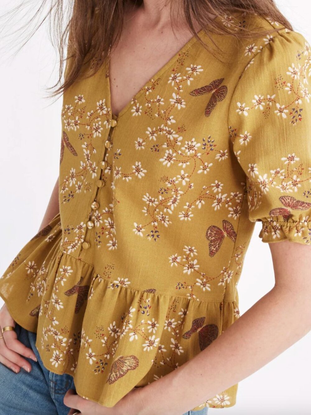Madewell | Courtyard Ruffle-Hem Top in Butterfly Sanctuary Golden Yellow | Small